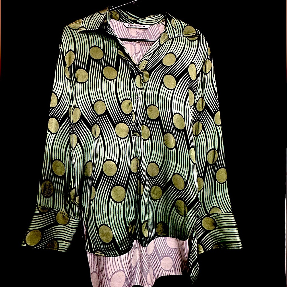 Zara green and black funky blouse